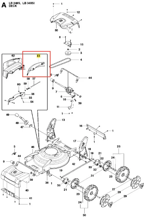 Osłona złożenia kosiarki LB 248S Husqvarna w kolorze czarnym, wykonana z trwałego plastiku. Widok z boku, w pozycji leżącej. Produkt ma wyprofilowaną krawędź oraz oznaczenia montażowe. Tło proste, białe.