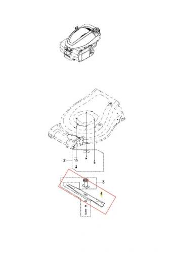 Schemat noża kosiarki LC 353AWD Husqvarna, widok z góry na prostokątny metalowy nóż z centralnym otworem mocującym, u góry fragment uchwytu z napisami instalacyjnymi, w tle przejrzyste kontury wzoru.