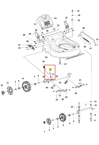 Uchwyt kosiarki LC 141C Husqvarna, widok z góry, w pozycji rozłożonej. Część metalowa, malowana na czarno, z widoczną nakrętką i śrubą. Bez dodatkowych dekoracji. Tło białe, co podkreśla szczegóły uchwytu.