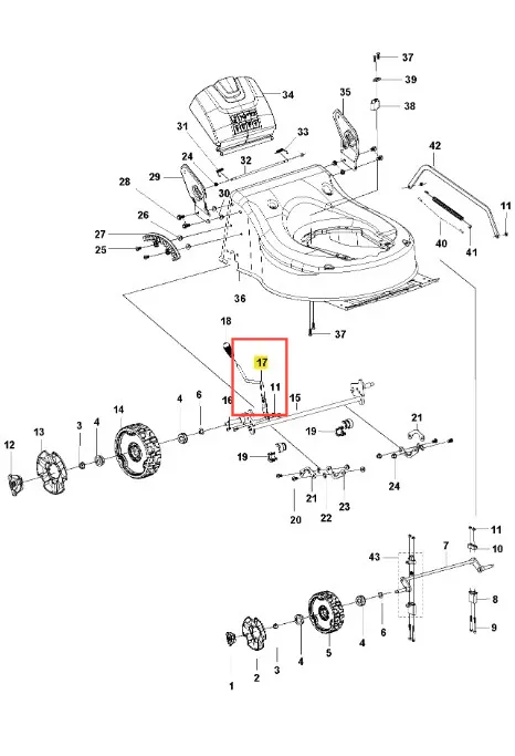 Uchwyt kosiarki LC 141C Husqvarna, widok z góry, w pozycji rozłożonej. Część metalowa, malowana na czarno, z widoczną nakrętką i śrubą. Bez dodatkowych dekoracji. Tło białe, co podkreśla szczegóły uchwytu.