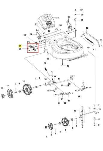 Schemat kosiarki Husqvarna LC 141C pokazujący szary korpus z numerami części, zbliżenie na elementy montażowe i oznaczenie kluczowych części oraz ich układu roboczego na białym tle.