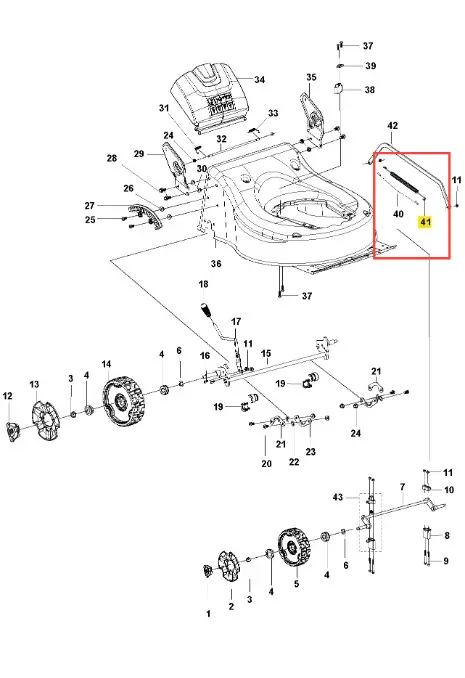 Sprężyna kosiarki LC 141C Husqvarna, o metalicznym wykończeniu, w zbliżeniu na detale, widoczna jako element z numerem 41 w schemacie. Stanowi kluczowy komponent mechanizmu, prezentuje charakterystyczną spiralną formę.