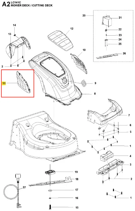 Osłona kosiarki LC 141C Husqvarna w kolorze czarnym z matową powłoką. Element w kształcie łuku, pod kątem, z wyraźnym logo Husqvarna. Część zamontowana na dolnej części obudowy kosiarki, w złożonej pozycji.