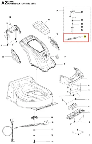 Nóż kosiarki Husqvarna LC 141C, metaliczny, prostokątny, z ostrzami i mocowaniem, widok z góry na jednolitym tle, z wyraźnymi oznaczeniami, nowy i gotowy do montażu.
