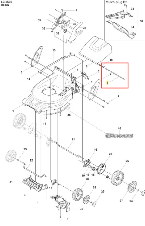 Metalowa oś kosiarki LC 253S Husqvarna, prostokątna z gwintami na końcach, widoczna z boku z numerami części. Poziome ułożenie na tle technicznym zapewnia stabilność pracy.