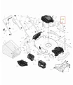 Śruba kosiarki LC 356 AWD Husqvarna, metalowa, o okrągłej główce, w kolorze srebrnym. Widok z góry przedstawia detale gwintu oraz mocowania. Produkt leży na schemacie części kosiarki, co podkreśla jego funkcję jako element montażowy.