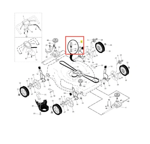 Zestaw podłączenia wody do kosiarki LC 356 AWD Husqvarna z elementami montażowymi i cylindrycznym detalem systemu podłączenia, oznaczonym numerami i strzałkami na rysunku technicznym.