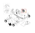 Koło kosiarki LC 356 AWD Husqvarna, czarne, gumowe, okrągłe, z metalowym rdzeniem. Ujęcie z boku, w zbliżeniu na detal. Widoczny element mocujący. Tło techniczne, jasne, na schemacie części.