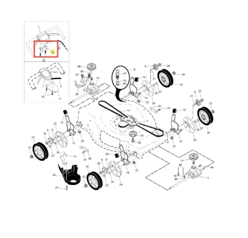 Wspornik kosiarki LC 356 AWD Husqvarna, metalowy element montażowy w kolorze szarym, przedstawiony z boku w widoku z góry. Widoczne mocowania i złącza. W tle reliefowe detale zespołu kosiarki. Idealny do użytku w ogrodnictwie.