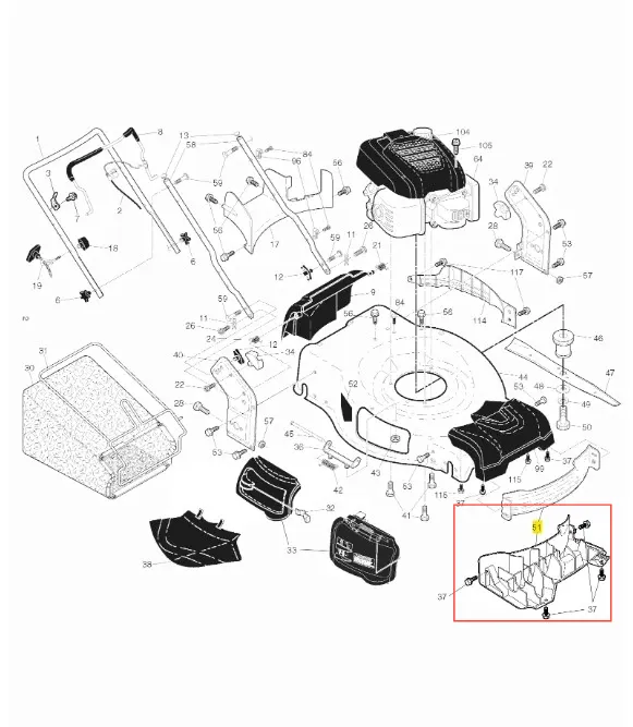 Osłona kosiarki LC 356 AWD Husqvarna w kolorze czarnym, z wyraźnymi detalami. Zmontowana z przodu, widok frontalny. Produkt składa się z kilku części, w tym elementu mocującego. Tło proste, białe.