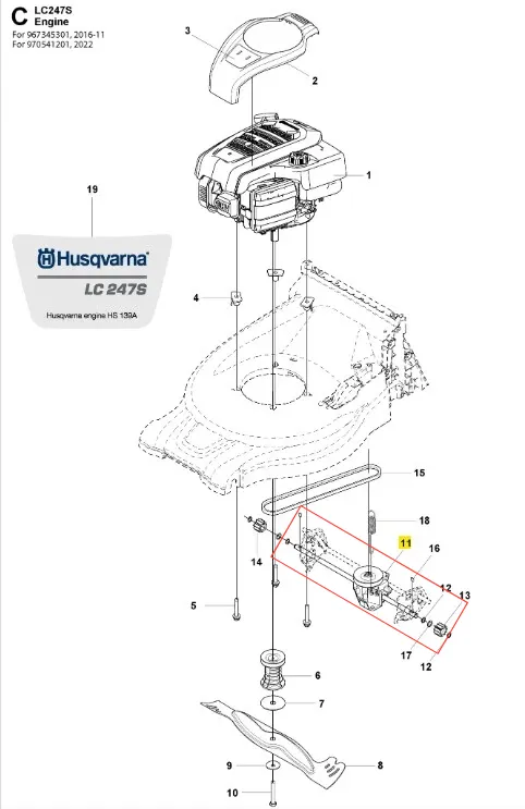 Przekładnia kosiarki LC 247S Husqvarna, przedstawiona w złożeniu technicznym. Widoczne elementy w grafice to silnik, mechanizm tnący oraz mocowania. Detale obejmują numery część, logo Husqvarna oraz schemat montażu na białym tle.