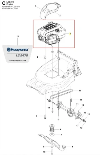 Silnik kosiarki LC 247S Husqvarna, widok z góry. Częściowo rozłożona konstrukcja, widoczny silnik z numerem modelu i logo Husqvarna. Obok umieszczony wałek i elementy montażowe. Tło białe, co podkreśla szczegóły produktu.