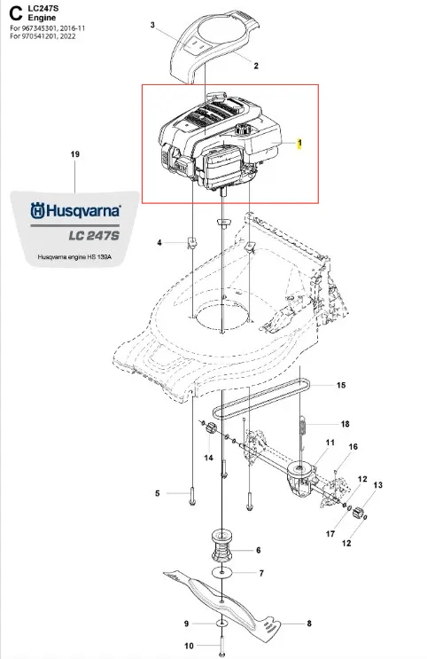 Silnik kosiarki LC 247S Husqvarna, widok z góry. Częściowo rozłożona konstrukcja, widoczny silnik z numerem modelu i logo Husqvarna. Obok umieszczony wałek i elementy montażowe. Tło białe, co podkreśla szczegóły produktu.
