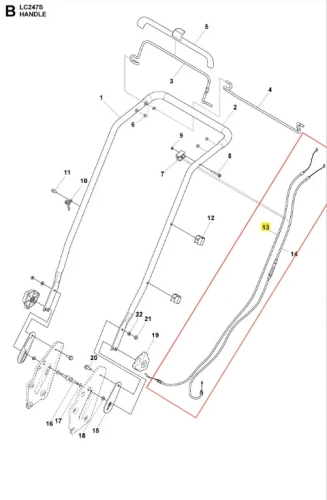 Linka kosiarki LC 247S Husqvarna, nr 13, zaznaczona na czerwono, delikatnie zakrzywiona, wytrzymała. W otoczeniu rączka i mocowania, wskazujące na jej funkcję w obsłudze kosiarki.