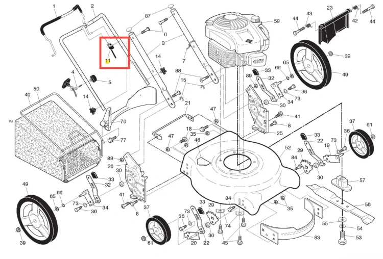 Linka m145 kosiarki LC 153 Husqvarna, czarna, z metalowym mocowaniem. Widok z boku, pokazujący szczegóły konstrukcyjne. Produkt leży na złożonym tłem, z czytelnymi oznaczeniami. Widoczne elementy montażowe oraz klamra.