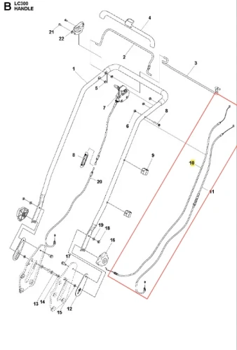 Linka do kosiarki LC 353VI Husqvarna, zakrzywiona, o długości około 2 metrów, wykonana z elastycznego materiału. Widoczna w zestawie, otoczona elementami montażowymi, na białym tle, ułożona obok rączki kosiarki.