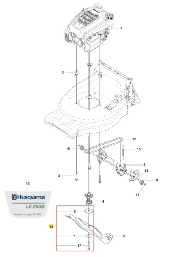 Śruba kosiarki Husqvarna LC 253S, metalowa, w kolorze srebrnym, z wyraźnym gwintem. Ujęcie z boku, ukazuje szczegóły mocowania. Widoczne znaki identyfikacyjne. Umieszczona na prostym tle, co podkreśla jej kształt i funkcję.