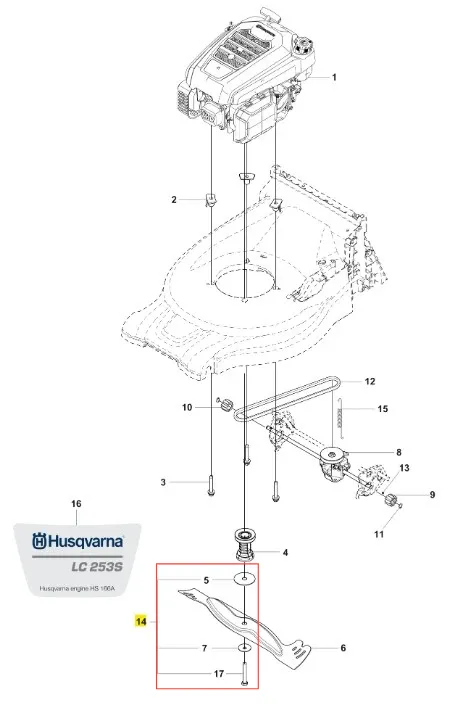 Śruba kosiarki Husqvarna LC 253S, metalowa, w kolorze srebrnym, z wyraźnym gwintem. Ujęcie z boku, ukazuje szczegóły mocowania. Widoczne znaki identyfikacyjne. Umieszczona na prostym tle, co podkreśla jej kształt i funkcję.
