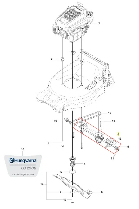 Przekładnia napędowa kosiarki Husqvarna LC 253S z widocznymi elementami montażowymi i oznaczeniami. Obiekt w złożonym stanie, na białym tle, z widocznymi numerami części i logo Husqvarna. Detale mechaniczne podkreślają funkcję produktu.