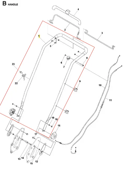 Metalowy, prostokątny uchwyt kosiarki Husqvarna LC 253S z elementami montażowymi i przyciskami po lewej stronie oraz przewodami. Schemat z numeracją części na białym tle ukazuje detale.