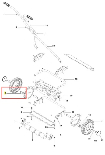 Koło zębate kosiarki Exclusive 54 Husqvarna w kolorze srebrnym, z okrągłą formą i gładką powierzchnią, widoczne w układzie części kosiarki. Zbliżenie na element zamontowany w układzie przekładniowym, obok koła i innych części.