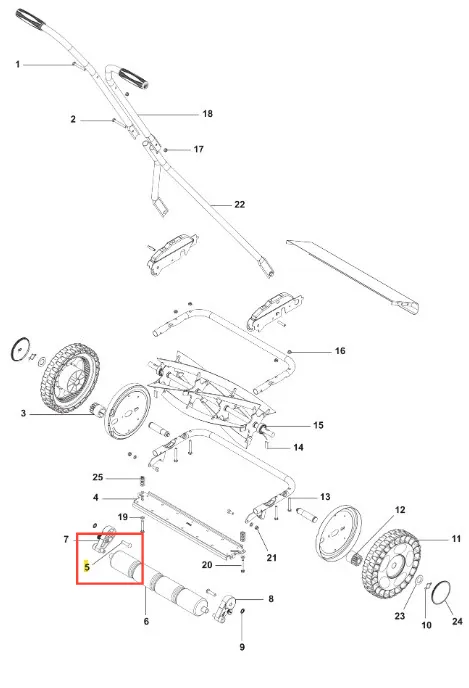 Śruba kosiarki Husqvarna Exclusive 54, metaliczna, cylindryczna, w kolorze srebrnym. Widoczna z boku, na neutralnym tle. Zawiera gwint oraz gniazdo na klucz, przeznaczona do mocowania. Zbliżenie na detale konstrukcji.