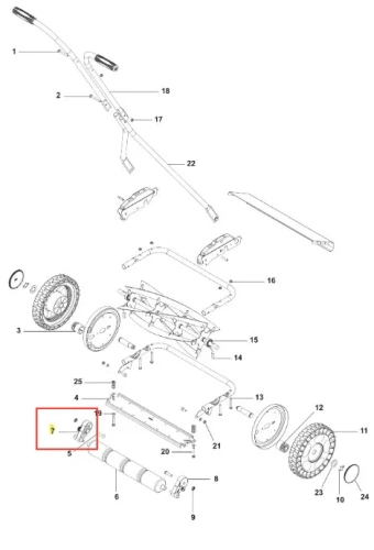 Wspornik kosiarki Exclusive 54 Husqvarna w kolorze srebrnym, na zdjęciu widoczny z boku. Element mocujący o cylindrycznym kształcie z gwintem na końcu. Otoczony innymi częściami kosiarki, na neutralnym tle.