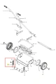 Obsada rolki kosiarki HiCut 64 Husqvarna przedstawia element mechaniczny, widoczny w zbliżeniu na schemacie. Część ma metalową teksturę, jest w kolorze czarnym z żółtym oznaczeniem. Położona na białym tle, uwidacznia detale mocowania.