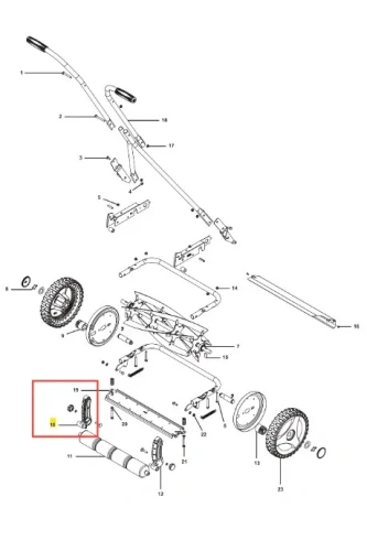 Obsada rolki kosiarki HiCut 64 Husqvarna przedstawia element mechaniczny, widoczny w zbliżeniu na schemacie. Część ma metalową teksturę, jest w kolorze czarnym z żółtym oznaczeniem. Położona na białym tle, uwidacznia detale mocowania.