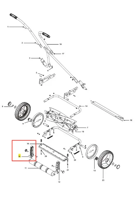 Obsada rolki kosiarki HiCut 64 Husqvarna przedstawia element mechaniczny, widoczny w zbliżeniu na schemacie. Część ma metalową teksturę, jest w kolorze czarnym z żółtym oznaczeniem. Położona na białym tle, uwidacznia detale mocowania.