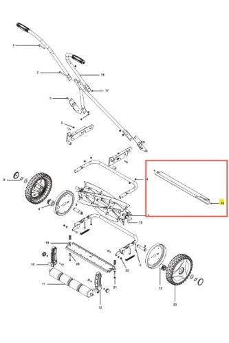 Śruba kosiarki HiCut 64 Husqvarna, metalowa, prostokątna, o wydłużonym kształcie, widoczna w ujęciu szczegółowym. Wyróżnia się mocowaniem z obu końców oraz wytłoczonym numerem identyfikacyjnym na jednej stronie. Tło jednolite białe.