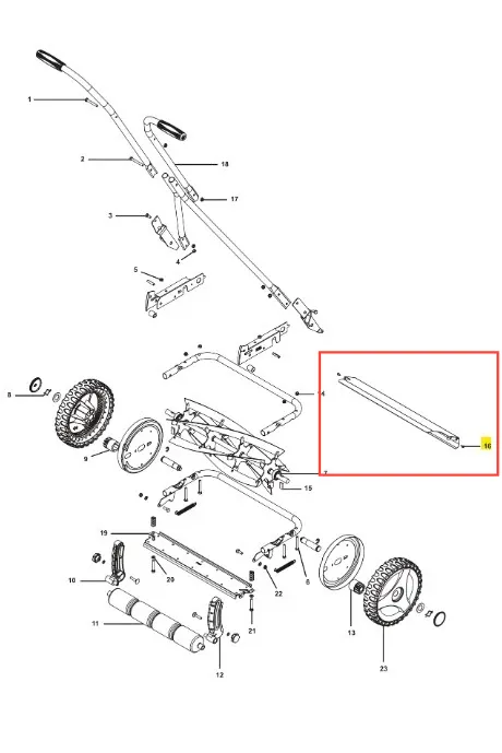 Śruba kosiarki HiCut 64 Husqvarna, metalowa, prostokątna, o wydłużonym kształcie, widoczna w ujęciu szczegółowym. Wyróżnia się mocowaniem z obu końców oraz wytłoczonym numerem identyfikacyjnym na jednej stronie. Tło jednolite białe.