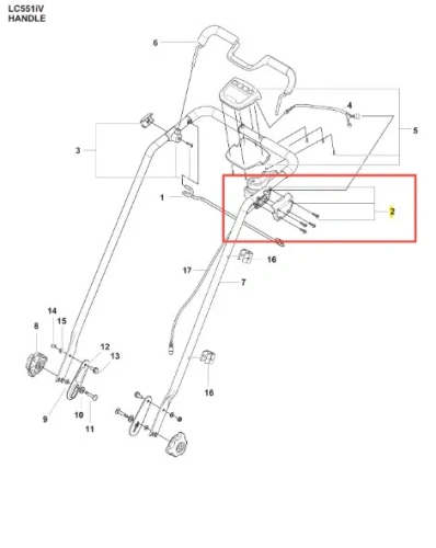 Skrzynka wyłącznika kosiarki LC 551iV Husqvarna. Zestaw montażowy w kolorze czarnym, o prostokątnym kształcie. Widoczne mocowania i przewody. Produkt ukazany w ułożeniu pionowym, zbliżenie na elementy funkcjonalne. Tło białe.