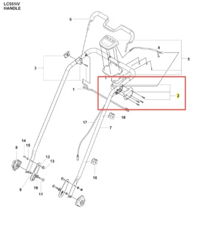 Przód skrzynki rozdzielczej kosiarki Husqvarna LC 551iV z mechanizmem uchwytu, czytelnymi numerami części i metalowymi matowymi elementami o prostokątnym i cylindrycznym kształcie na białym tle.