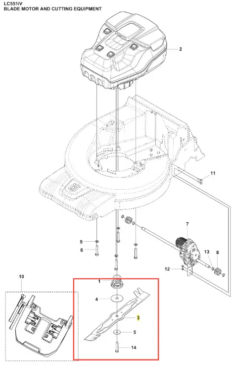 Noż kosiarki LC 551iV Husqvarna w zielonym kolorze z metalowym ostrzem i mocowaniami. Ostro zakończone krawędzie dla precyzyjnego cięcia, z logo Husqvarna na obudowie.