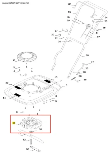 Wirnik kosiarki GX 560 Husqvarna, o okrągłym kształcie z wyraźnymi spiralnymi żebrami, wykonany z wytrzymałego metalu. Widoczny z boku, potrafi skutecznie zbierać trawę. Na powierzchni nie ma dodatkowych napisów ani dekoracji.