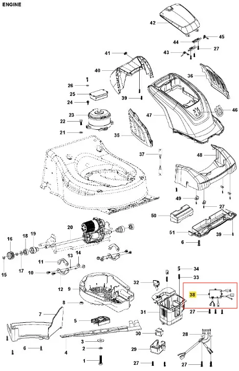 Płytka sterująca kosiarki LC 141iV Husqvarna, w kolorze czarnym z widocznymi detalami technicznymi. Produkt przedstawiony z góry, leżący na białym tle, ukazujący elementy mocujące i wyjścia. Wyraźne napisy na obudowie wskazują funkcje.