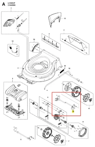 Oś kosiarki LC 356VP Husqvarna w kolorze szarym, z metalowym korpusem, widoczna z perspektywy frontalnej. Elementy montażowe oraz mechanizmy, w tym koła zębate i prowadnica. Tło proste, białe, co podkreśla szczegóły produktu.