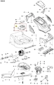 Silnik kosiarki Husqvarna LC 141iV rozmontowany, z widocznym cylindrem, wirnikiem i elementami metalowymi oraz plastikowymi, ułożony poziomo, z numerowanymi częściami na białym tle, widoczne szczegóły mocowań.