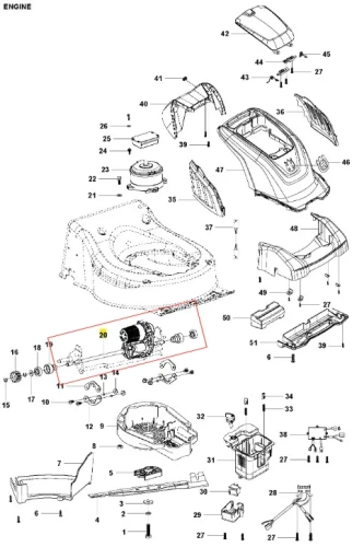 Zespół skrzyni kosiarki Husqvarna LC 141iV z silnikiem elektrycznym nr 20 na białym tle, ukazujący metalowe i plastikowe części oraz szczegóły montażowe i numery elementów.