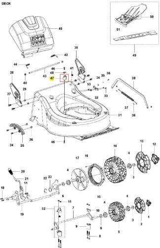 Wspornik kosiarki LC 141iV Husqvarna, czarny, plastikowy, gładki, z widocznymi elementami montażowymi i numerami identyfikacyjnymi, widok z góry na białym tle.