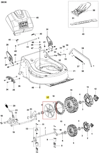 Czarna osłona kosiarki Husqvarna LC 141iV z widocznym elementem montażowym i otworami, na białym tle, ukazana frontalnie i w pozycji leżącej.