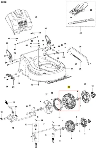 Koło kosiarki LC 141iV Husqvarna, okrągłe, z widocznymi żeberkami, wykonane z tworzywa sztucznego, w kolorze ciemnoszarym. Ujęcie z boku, ukazuje detale mocowania. Element pojedynczy, przeznaczony do zastosowania w sprzęcie ogrodowym.