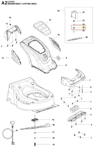Płytka kosiarki LC 141C Husqvarna, prostokątna, z tworzywa, szaro-czarna, z detalami mocowania, elementami siłowymi i kanałami wentylacyjnymi. Brak dodatkowych akcesoriów.