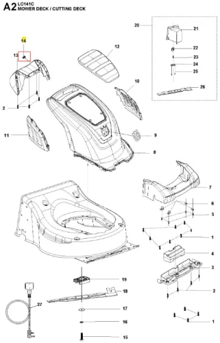 Pręt kosiarki LC 141C Husqvarna, jasno widoczny na białym tle, z plastikowym wykończeniem i długim, prostym kształtem. Elementy mocujące są na górze i na końcu, a w dolnej części widoczne oznaczenia modelu i logo producenta. Ujęcie z przodu.