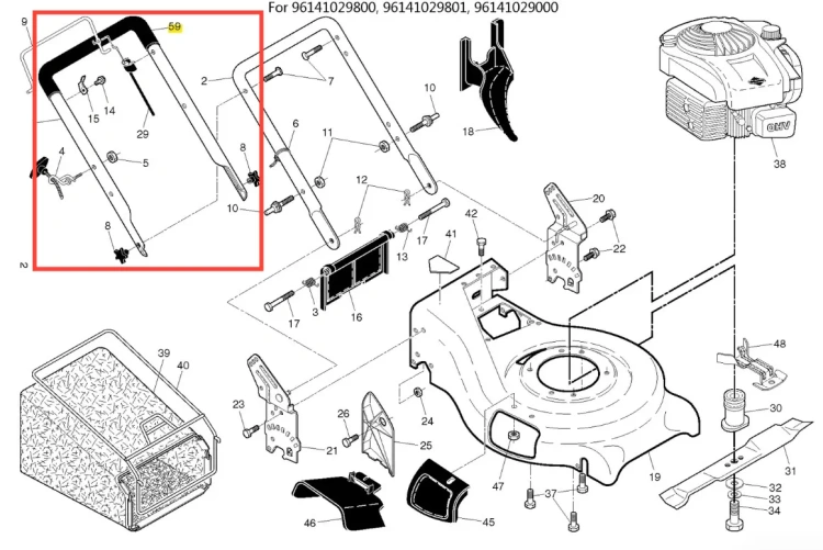Nakładka uchwytu kosiarki LC 153S Husqvarna, w kolorze czarnym z metalowymi elementami, w pozycji poziomej. Widoczny jest kształt uchwytu oraz mocowania. Obok elementy montażowe. Tło jasne i jednolite, podkreślające detale produktu.