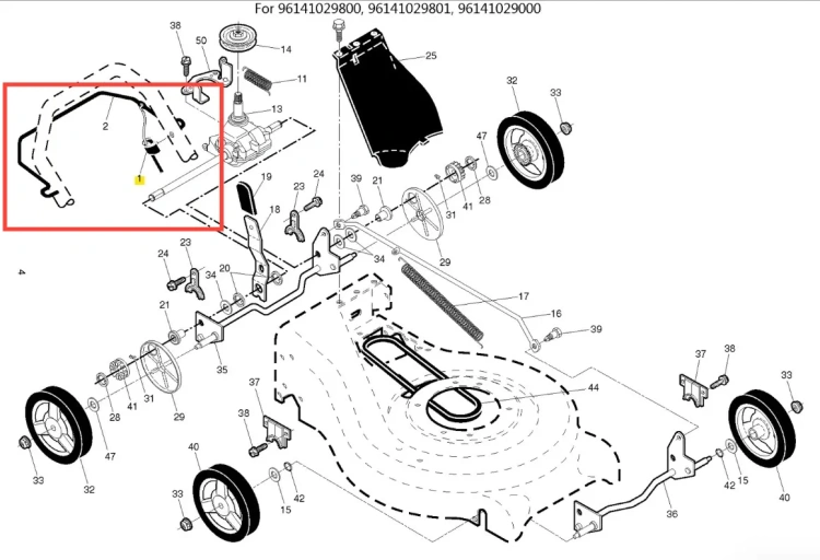 Linka kosiarki LC 153S Husqvarna, wygięta w kształt litery U, wykonana z metalu, w kolorze czarnym. Element mocowania, przedstawiony w zbliżeniu, z wyraźnym detalem montażowym. Widok z góry na schemat konstrukcji kosiarki, na białym tle.