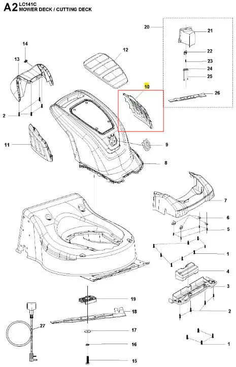 Osłona kosiarki LC 141C Husqvarna w kolorze czarnym, o błyszczącej powierzchni, przedstawiona z boku. Dopasowana do kosiarki, zawiera widoczne napisy i logo Husqvarna, z detalami konstrukcyjnymi oraz mocowaniami. Produkt ukazany na jednolitym tle.