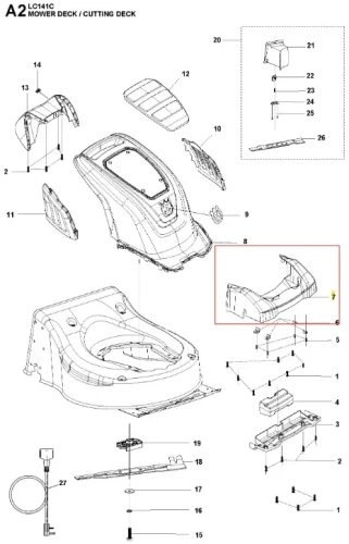 Czarna osłona kosiarki LC 141C Husqvarna z trwałego plastiku, z widocznymi mocowaniami, widok z góry na strukturę i miejsce na silnik, na prostym tle podkreślającym funkcjonalny design.