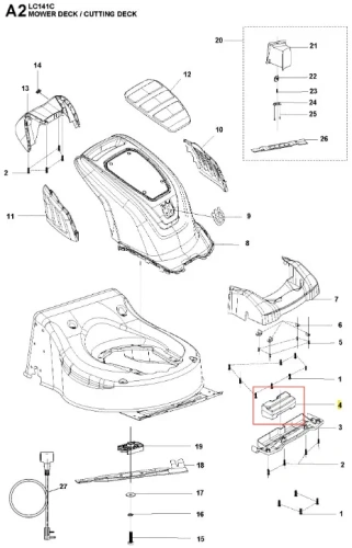 Obciążnik kosiarki LC 141C Husqvarna w kolorze szarym, z tworzywa sztucznego, w ułożeniu poziomym. Widoczny system mocowania i szczegóły konstrukcyjne na górnej powierzchni. Zbliżenie na krawędzie oraz oznaczenia producenta. Tło białe.